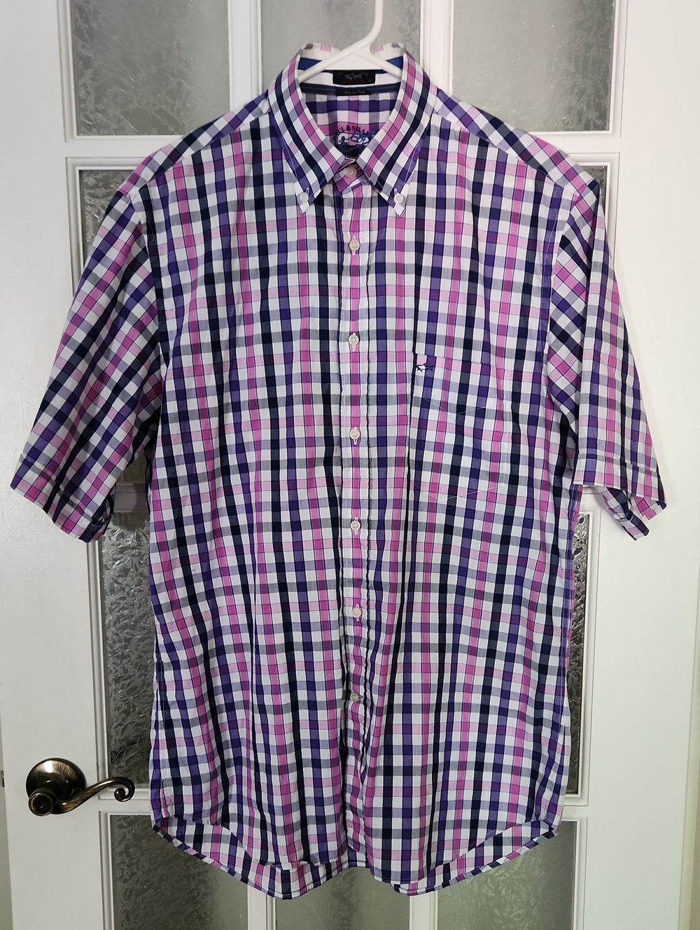 Paul & Shark Short-Sleeve Button-Down Plaid Shirt in Pink & Navy